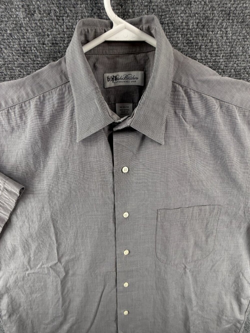 Brooks Brothers Cotton Short Sleeve Size 16 Point Gray Men Shirt Pocket Woven
